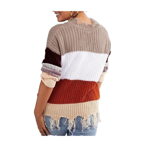 Destructed Sweater Womens  Medium Fringe Chunky Knit Striped Colorblock V-Neck - Picture 5 of 13